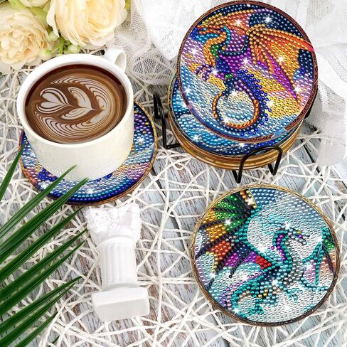 Dragon Diamond Art Coasters Kit: 8 Pcs Fantastic Dragon Diamond Painting Coasters with Holder and Cork Pads, DIY Coaster Craft Set for Adults Beginners Home Decor Gifts in Saudi Arabia