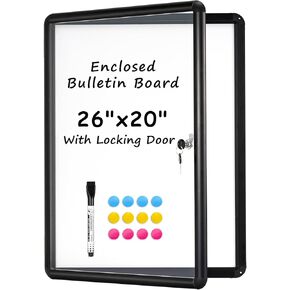 Enclosed Bulletin Board, 26"x20" Enclosed Bulletin Board with Locking Door Outdoor Weatherproof Enclosed White Board, Black Aluminium Frame Outdoor Bulletin Board for School, Office, Venue, Hospital