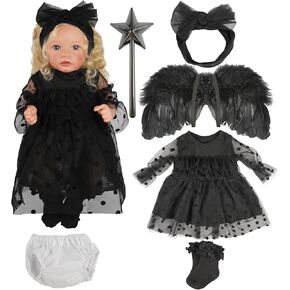 Babeside 6 PCS Rebond Baby Doll Doll الملابس والملحقات المحددة لدمى الأطفال 17-22 بوصة ، وجبات دمية الطفل مع أجنحة ملاك أسود ولعب عصا سحرية لدمى الأطفال الواقعية واقعية