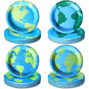 Zhehao 96 PCS Earth Day Plates Bulk 9 Inch Globe Map Paper Paper Paper Day Form