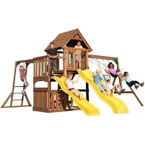 Swing-N-Slide WS 8356 Play Timberview Play مع شريحة ، قضبان قرد ، سقف خشبي ، جدار التسلق والتأرجح ، الخشب ، بني