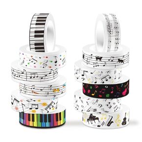 الملاحظات الموسيقية شريط Washi Set 12 Rolls Clear Devinative Tapes 0.6inch Width Black White Masking Tape Musical Note Printed Guitar Piano Pattern for DIY Art Craft Scrapbook Journal Supplies