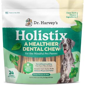 Dr. Harvey's Holistix Dental Chews للكلاب - تنظيف أسنان الكلاب وعلاج التنفس الطازج ، والبطاطا الحلوة بالنعناع (24 عصا)