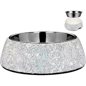 Bling Stainless Steel Dog Bowls,18oz Detachable Rhinestone Metal Food Water Bowl for Feeding Dogs Cats,Rust Resistant Non-Slip Puppy Dish,Sparkle Essentials for Small Medium Large Girl Pets