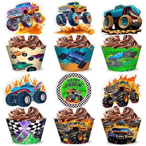 48pcs Monster Truck تحت عنوان زخارف حفلة عيد ميلاد | 24pcs cupcake toppers 24pcs cupcake wrppers party fors favors supplies concerpiece table gifts for boys girls carnival juds