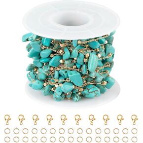 Kyutong 16.4FT Turquoise Stone Chains for Jewelry Making Gold Plated Chains Bulk Thin Paperclip Chain Link Natural Stone Chain Roll with Jewelry Clasps for Craft Making