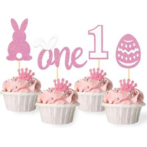 24Pcs Easter Bunny Ear Cupcake Toppers for Happy Easter Decorations, Easter Rabbit Ear Cake Topper for Easter Theme Birthday Baby Shower Party Supplies (Ear G)