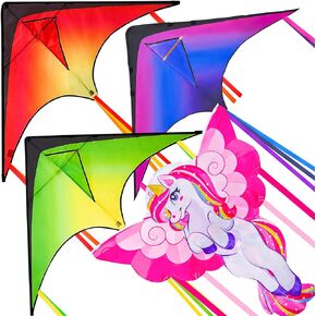 Joyin 43.3 'العملاقة Unicorn Kite و 3 عبوات كبيرة Delta Kite سهلة الطائر الطائرات الورقية الضخمة للأطفال والبالغين شاطئ Kite للألعاب والأنشطة في الهواء الطلق
