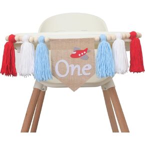 Airplane Themed Highchair Banner, Tassels & Wooden Beads, 8 x 7 Inches, Blue White, First Birthday, Party Banners