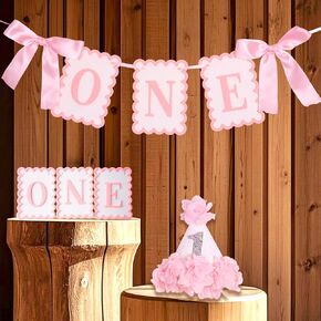 Baby One Birthday Decorations, 1st Pink Cute Happy Birthday Banner, Boy Girl Funny Party Supplies with Banner and Hat