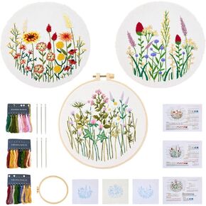 Elecrelive 2 Sets Flower Embroidery Starter Kit for Beginners Adults Stamped Cross Stitch Kits 2 Embroidery Hoops & Fabric & Threads & Needles