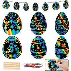 Gomanche 48 قطعة ورقة فنية Easter Scratch ، و Easter Egge Rainbow Magic Scratch Hrafts الحلي مع عصا خشبية وشريط للأطفال عيد الفصح.