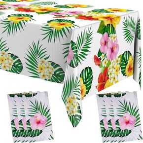 Oudain 6pcs هاواي Luau tableroths 54 × 108 بوصة أوراق النخيل الاستوائية طاولة القماش هاواي يمكن التخلص منها بلاستيك طاولة مستطيلة الغطاء الصيفية