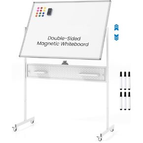 Goplus Rolling Whiteboard, 48" x 36" Height Adjustable Dry Erase Board with Pegboard, Hooks & Trays, Magnets, Markers, Eraser, Double-Sided Magnetic Mobile White Board on Wheels for Home Office School