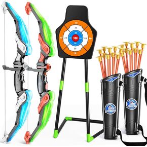 مجموعة الرماية Temi 2 Pack - تتضمن أقواس 2 ، 20 أكواب شفط و 2 Quivers وهدف دافئ ، ألعاب الضوء في الهواء الطلق للأطفال الفتيان