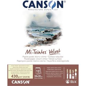 Canson Mi-Teettes Velvet Drawing Paper ، Cream White ، Blue Rinning ، (260lb/430g) ، 12 ورقة ، 9.4x12.6 بوصة ، 1 عدد
