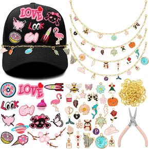 Quelay 91PCS Trucker Hat Chains Steel سلاسل DIY قابلة للفصل مع سحر قبعة الشاحنات Pink Patches Patches Pendant for Women For Mesh Baseball Cap Association Bulk