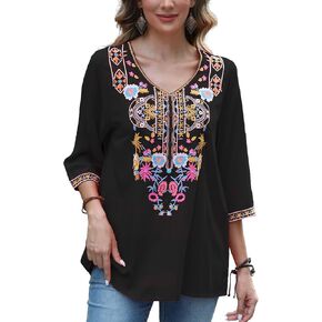 Higustar Women's Boho Embroidered Tops Mexican Peasant Shirt Traditional Bohemian 3/4 Sleeve Clothes Tunic Blouse in Kuwait