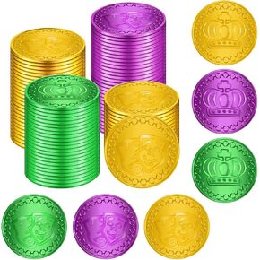 100 قطعة من العملات المعدنية Mardi Gras البلاستيكية ، والذهب المتنوع ، والأرجواني ، والأوراق النقدية الخضراء بشكل كبير لزخارف طاولة Mardi Gras ، ورميات الموكب ، ومفضلات الحفلات ، وألعاب الكرنفال ، والأحداث ذات الطابع للأطفال.