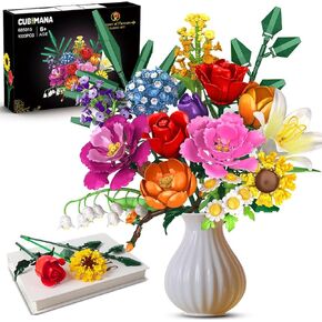مجموعة بناء باقة الزهور ، 1000 PCS Bouquet Botanicals Collection Gift لعيد عيد الحب لها وله ، 15 زهور الاصطناعية لبناء ديكور المنزل للبالغين النساء