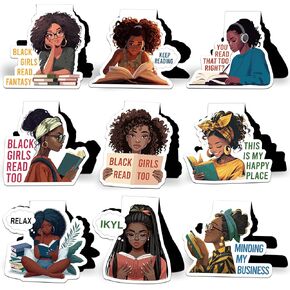 Laffact Black Girl Reading Pondmark - 9pcs نساء سوداء يقرأون الكثير من بطاقات تعقب الكتب المغناطيسية والكتاب ، ومكتب الوجهين الحفاظ