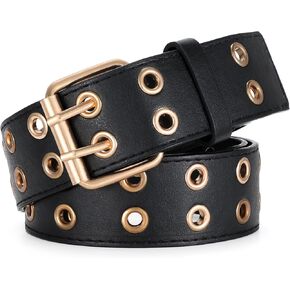 XZQTIVE Double Grommet PU Leather Belt for Women/Men Punk metal Jean Belt Wide 1.5 Inch