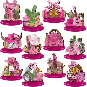 12 PCS Western Cowgirl Menced Centerces Wild West Party Decorations Pink Western Wooden Centers for Tables for Cowgirl Party Decoration