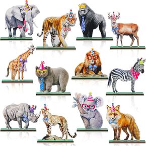Blosssound 12 PCS Jungle Safari Decoration Wooden Wild One Table Signs Wild Animalpiece Confari Safari Safari Sign