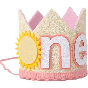 Youame Sunshine One Birthday Crown - أغطية رأس وردية اللون وأصفر لميلاد الأطفال الصغار الأول ، ديكور الحفلات تحت عنوان Sun ، أنت متوج أشعة الشمس