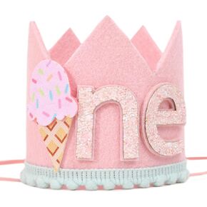 Madeng Ice Cream One Birthday Crown - Ice Prident Party Decorts ، Sweet One Cake Smash Party Hat ، Pink Ice Cream First First Photo Photo Photo