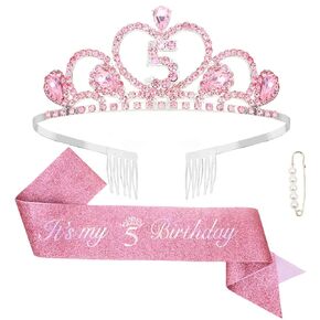 Jaciya 5th Birthday Crown & Sash - Silver Princess Tiara for Girls - زخارف حفلة عيد ميلاد سعيدة الخامسة