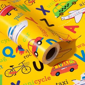 Lezakaa Alphabet & Meancles لف لفة الورق - السيارات الصفراء ، الطائرات ذات التصميم المنتقز للأطفال الأولاد عيد ميلاد التغليف مع خطوط مقطوعة ، لفة صغيرة - 17 بوصة × 32.8 قدم