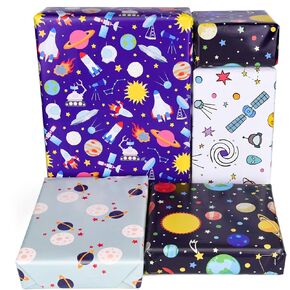 Plulon 6 Sheets Gift Wapp Paper Birthday ، Povel Outer Space Design Wrapp Paper for Kids President Birthday Party and Baby Shower