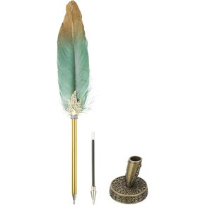 Patikil Feather Pen Quill ، Feather Ballpoint Pen Bulk Bulk Confered Vintage Feather Calligraphy Pen مع حامل القلم البرونزي لمكتب زفاف زفاف ضيف