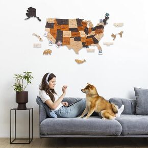 Hyperi 3d Wooden USA Map Wall Art ، ديكور كبير - خريطة السفر الأمريكية مع دبابيس الدفع ، عيد الميلاد ، رأس السنة الجديدة ، هدايا Housewarming منزل جديد - جدار الفن للمنزل والمطبخ أو المكتب (M - Prime)