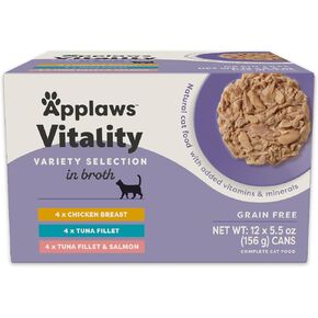 Applaws Vitality Wet Cat Food in Broth, Natural Canned Cat Food, Wet Food for Cats with Added Vitamins and Minerals, Grain Free, Carrageenan Free, Variety Selection in Broth (12 Count, 5.5 oz Cans)