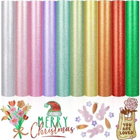 VINYL FROG 10 Sheets Glitter Adhesive Vinyl Bundle 12x12 inches Shimmer Craft Vinyl Pack 10 Assorted Colors Self Adhesive Sparkle Vinyl for DIY Craft Sticker for Handmade Projects