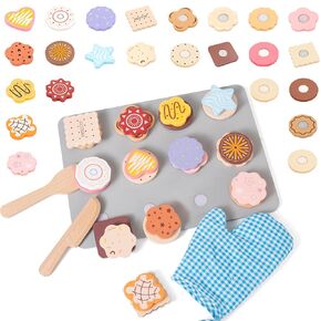 Mont Pleasant 28pcs صانع ملفات تعريف الارتباط الخشبية ملحقات المطبخ ، الأطفال يلعبون المطبخ قطع وخبز ألعاب الكوكيز Playset ، طفل صغير يتظاهر بلعب طعام مجموعة الأولاد والبنات هدية عيد ميلاد