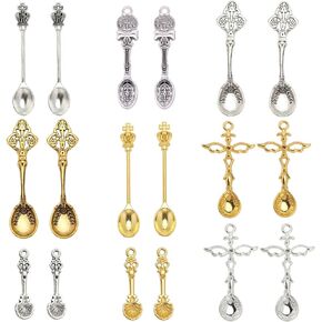 Sunnyclue 1 Box 36pcs 9 Styles Little Spoon Charms Bulk Tableware Mini Gold Silver Sponons Charm for Jewelry Making Charms DIY أقراط صياغة