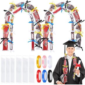 100Pcs 2025 Graduation Candy Lei Tubing Making Kit 2in, 4in x 492ft Flat Poly Tubing Bags 6 Rolls Colorful Ribbon Making Kit Dessert Filler for DIY Graduate Gifts Bows Crafts Party Supplies