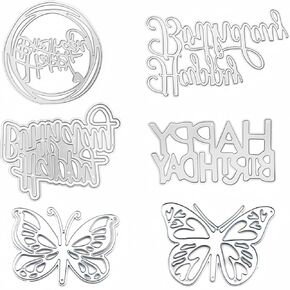 6 Pack Die Cuts for Card Making, Happy Birthday & Butterfly Shapes, Carbon Steel, Card Making Dies