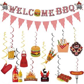 زينة الحفلات تحت عنوان BBQ ، ترحيب لافتة الشواء ، الشواء نزهة معلقة دوامات لإصدار ديكور حفلة عيد ميلاد