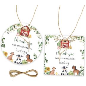 50pcs Farm Thanks You Tags ، علامة هدية حيوانات المزرعة مع سلسلة لحفل استحمام الطفل ، خنزير/بطة/حصان ، شكرًا لك على علامات الورق على حفل عيد ميلاد المزرعة