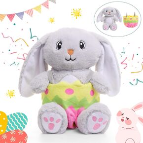 Easter Bunny Stuffed Animal with Removable Easter Egg Basket, Cute Stuffed Bunny Plush, Realistic Huggable Soft Easter Bunny Plushie Pillow, Rabbit Plush Easter Gifts for Kids Birthday (Gray)