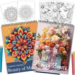 كتب تلوين 2pcs للبالغين المربوطة ، وضع كتب تلوين مسطحة للنساء 48 صفحة هدية تصميم من جانب واحد للبالغين للاسترخاء وتخفيف القلق ماندالا والزهرة