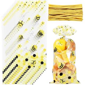 Styquenzer 100pcs Honey Bee Plastic Candy Bags - Yellow Honey Bee Treat Bags with Gold Twist Ties for Gender Reveal Party Supplies