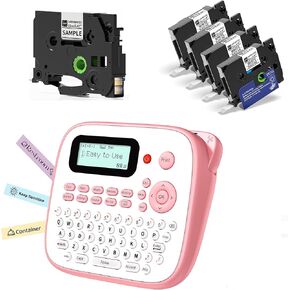 Pink Label Maker Machine with 5PK Tapes, Portable Kids Label Maker, Keyboard Labeler Machine Handheld, D210S Easy Labeler with Multiple Fonts Frame Barcode for Home Office Small Business Use