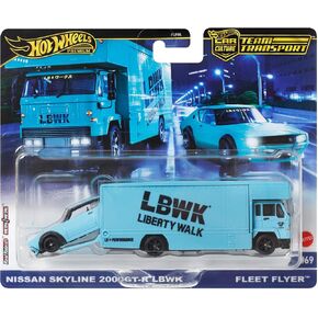 مجموعة نقل فريق Hot Wheels Premium Car ، LBWK Liberty Walk Nissan Skyline 2000GT-R ، Fleet Flyer #69 Truck and Car ، 1:64 Scale ، Blue Model