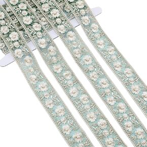 Gold Jacquard Ribbon Yellow Flower Lace Trim Embroidery Flowers Daisy Pearl Beaded Floral Oganza Sheer Applique Trims for Sewing Making Clothing Wedding Dress Bags Bouquet DIY Craft Supply