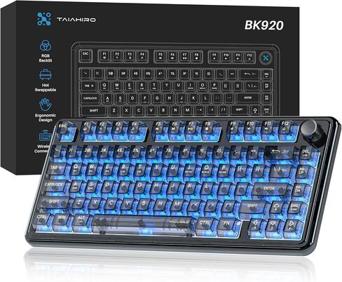 لوحة مفاتيح ألعاب ميكانيكية لاسلكية، لوحة مفاتيح هادئة بإضاءة خلفية RGB شفافة كاملة 80 مفتاحًا، مفتاح خطي قابل للتبديل السريع مع مقبض وسائط متعددة، بطارية 4000 مللي أمبير في الساعة، 3 أوضاع BT5.0/2.4G/USB-C لـ WIN/MAC، أزرق in Kuwait
